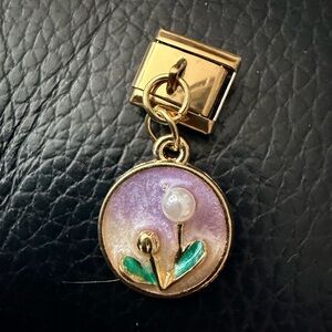 Gold Tone Dangle Flower with Pearl Accent Italian charm link